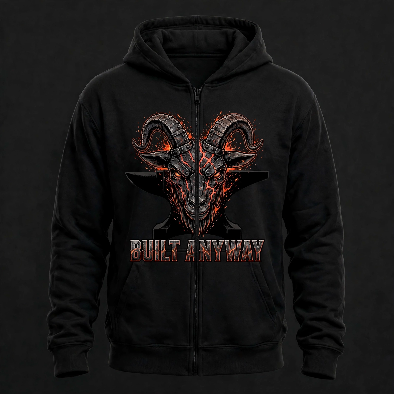 Built Anyway — zip hoodie mockup