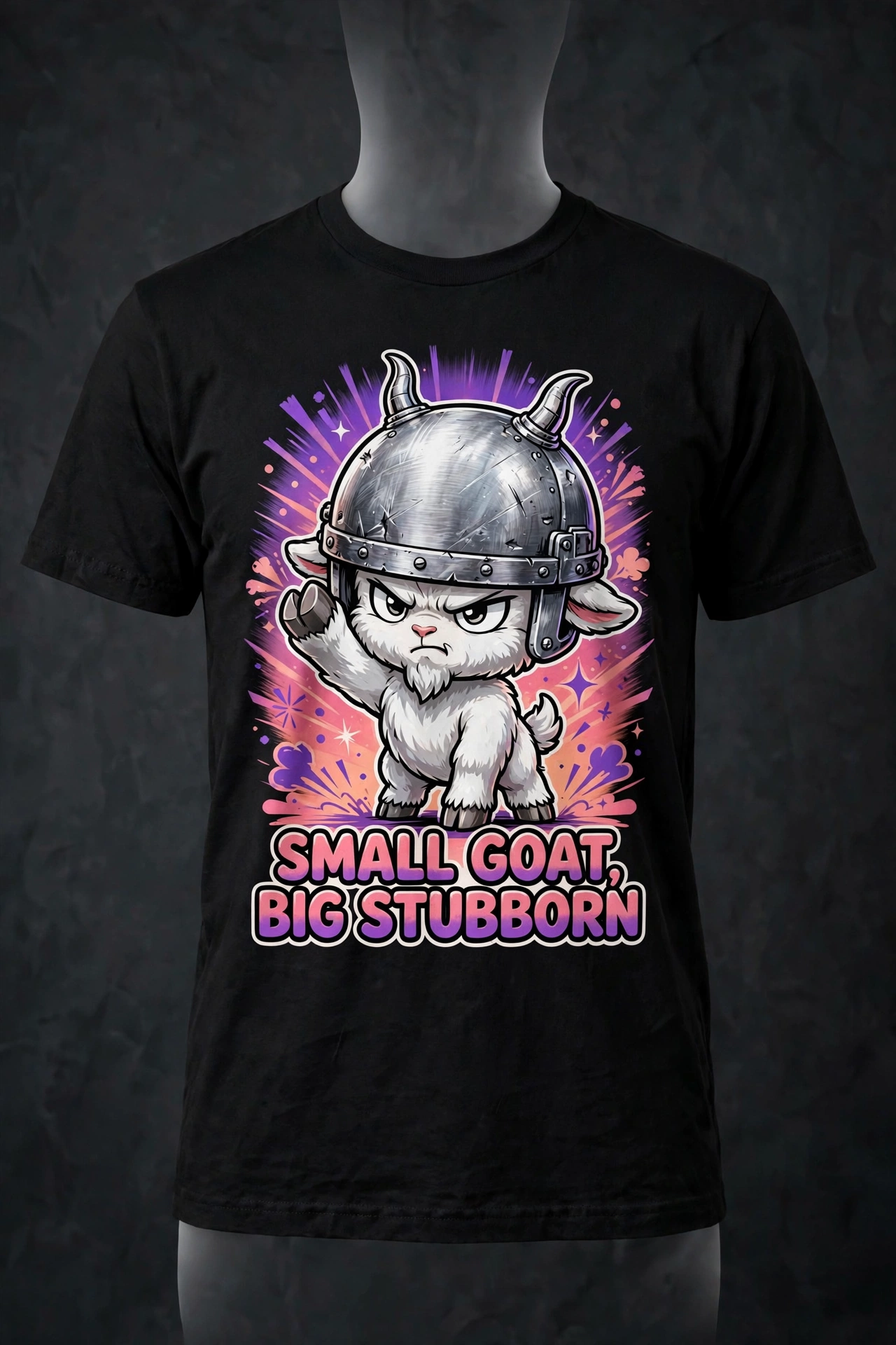 Small Goat, Big Stubborn — chibi goat tee mockup